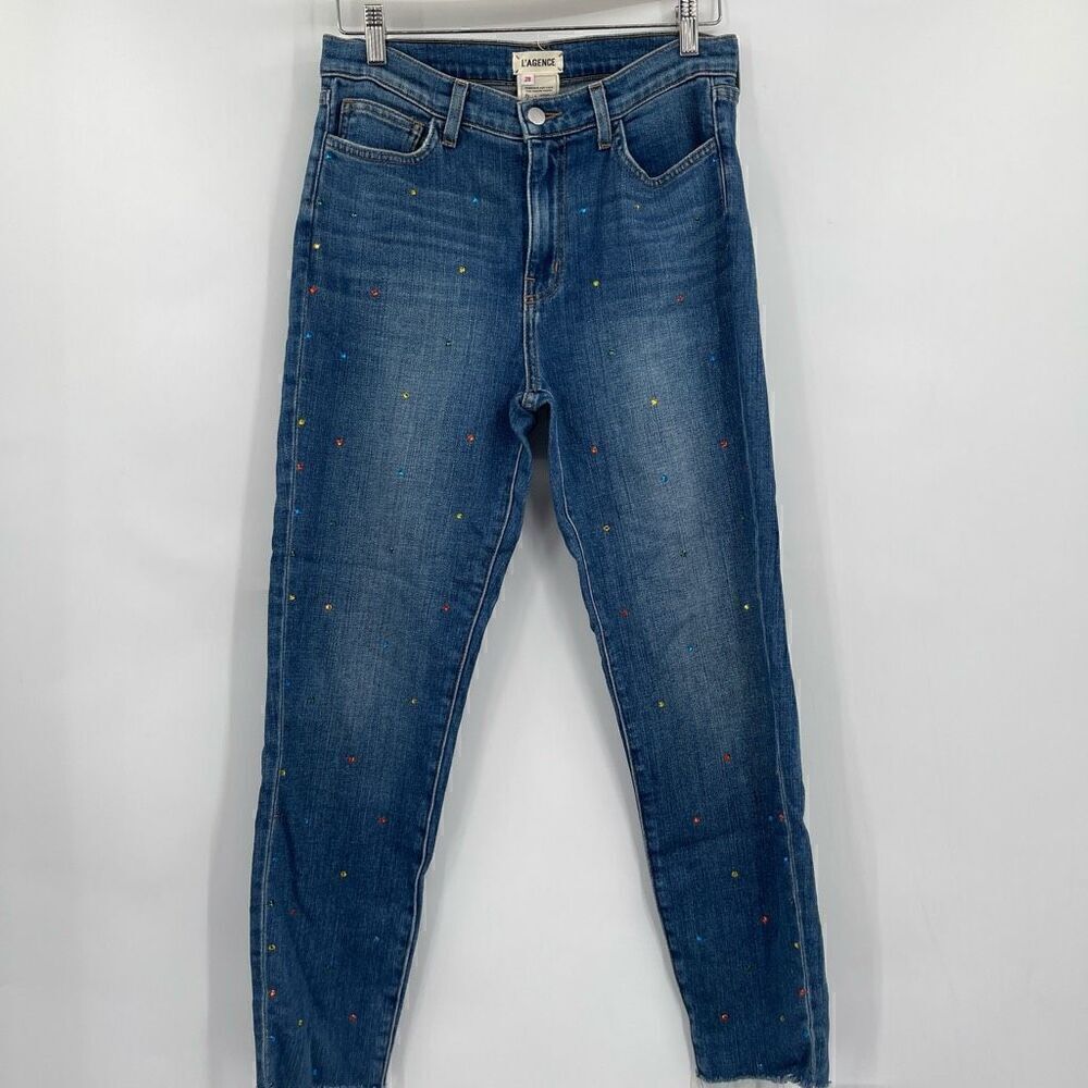 L'agence Mid Wash El Matador Embellished Raw Cut Off Hem Crop Skinny Jeans Sz 28
